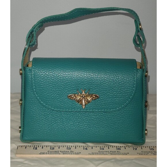 Vera Pelle Green Handbag Bee Clasp Purse Pebbled Leather Made in Italy - Picture 4 of 12